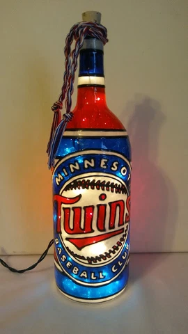 Minnesota Twins Inspired Bottle Lamp Handpainted Lighted Stained Glass Look Cover