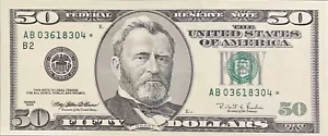 $50 Dollar Bill Star Note 1996 Uncirculated U.S Federal Reserve Note AB03618304* - Picture 1 of 12