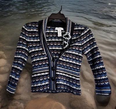 Cardigã feminino listrado Nine West suéter azul marrom cinza brilho flor acento - Imagem 1 de 4