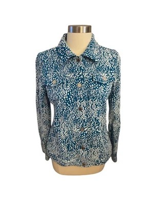 Chaqueta Blazer Isaac Mizrahi Live Teal Blanco Texturizado Botones a Presión Elastizada Talla S Foto 1 de 4