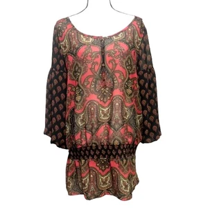 Jones New York Sport Bohemian Paisley Sheer Top Blouse Smocked Red Size 1X New - Picture 1 of 13