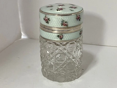 Guilloche enamel 935 sterling silver cut cristal sachet jar. antique Cover