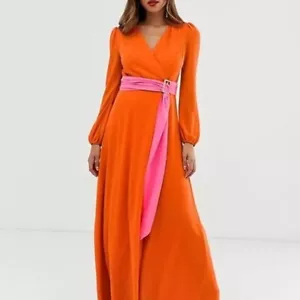 TFNC London Women's Sz 16 Orange V-Neck Long Sleeve Maxi Dress Orange Pink Belt - Picture 1 of 10