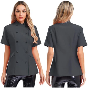 Women Coat Breathable Tops Cooking Jacket Cafe Chef Contrast Color Short Sleeve - Picture 1 of 89