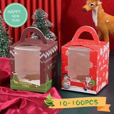 10-100pcs Christmas Xmas Mini Boxes Single Cupcake Boxes With Window Cup Cakes - Image 1 of 4