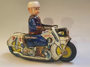 Tin Toy 1950's Japan friction 10"L. POLICE DEPT. MOTORCYCLE nice used conditions - Picture 1 of 24