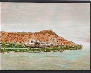 FLYING BOAT OVER WAIKIKI BEACH 1935 HAND COLORED BW GICLEE PHOTO on 8X10 MATT - Picture 1 of 1