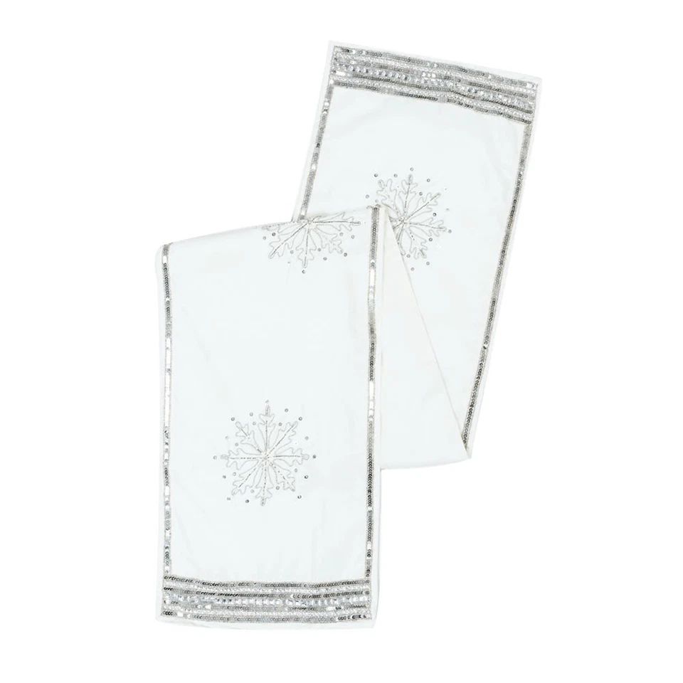 Vickerman L18708 White 14 x 90 in. Banded Snowflake Table Runner - Image 1 of 4