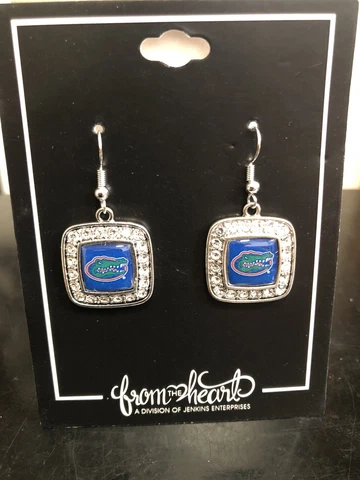 New Silver Florida Gator Logo Fish Hook Bling Square Rhinestone Earrings Cover