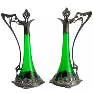 Art Nouveau WMF Ak & Cie Pair Of Pewter & Green Glass Decanters Circa 1900 - Picture 1 of 5