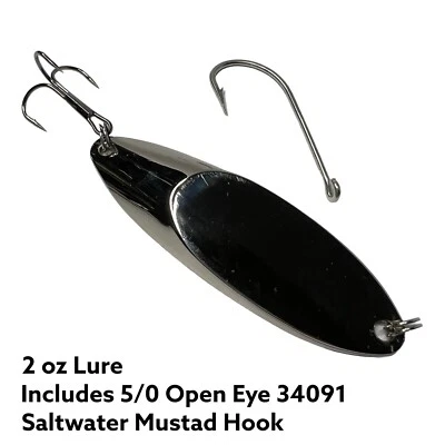 Kastmaster Style 2 oz Spoon Lure Jig Treble Hook + 5/0 Saltwater Mustad Hook - Image 1 of 2