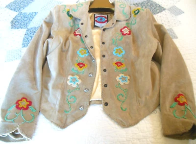Vintage Renegade by Ren Ellis Suede Leather Multi-color Bead Floral Jacket 14 - Image 1 of 4