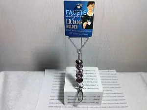 FACETS I.D. BADGE HOLDER ART GLASS New with.tag 37” Chain Pink & Maroon - Picture 1 of 3