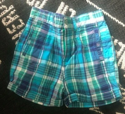 Vtg JUST FRIENDS Boys Sz 2T 24 Mo LONG SHORTS Blue Green PLAID Zip Snap - Image 1 of 4
