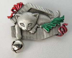 Vintage J.J. Jonet Cat in a Gift Box Playing with Dangling Bell Antique Silver - Picture 1 of 4