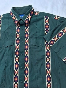 VTG Wrangler Aztec Western Green Pearl Snap Short Sleeve Shirt Size XL - Picture 1 of 10