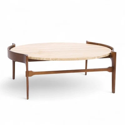 Bertha Schaefer for Singer & Sons Mid Century Travertine and Walnut Coffee Table - Image 1 of 4