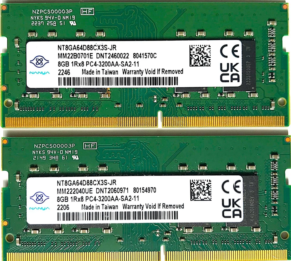Nanya 16GB (2x 8GB) 1Rx8 PC4-3200AA-SA2-11 DDR4 SDRAM NT8GA64D88CX3S-JR - Image 1 of 1