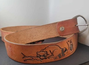 Leather Belt Double Thick Hand Tooled Raccoon 1 3/4” Wide Size 32-34 - Picture 1 of 6