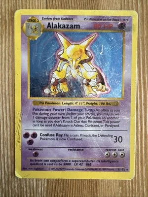 Alakazam 1/102 - Base Set Shadowless Vintage Pokémon TCG - DAMAGED - Image 1 of 2