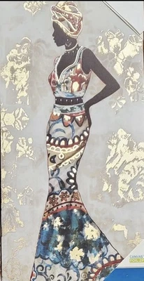Interior Decor 1 African Women Painted On Canvas 18"X 9" Frame Home Business - Image 1 of 4