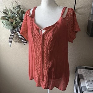 Damen Plus rot Gaze W Spitze Cold Shoulder Crinkle Top 2X - Bild 1 von 10
