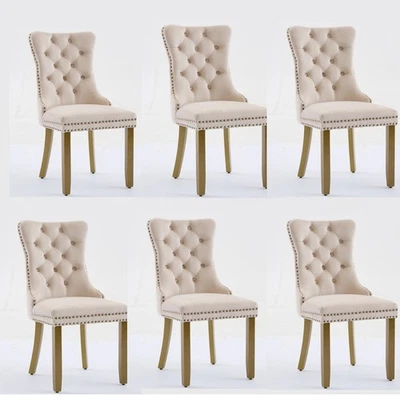 Set of 6 Velvet Dining Chairs Button Lion Head Pull Ring Gold Wooden Legs Beige - Image 1 of 4