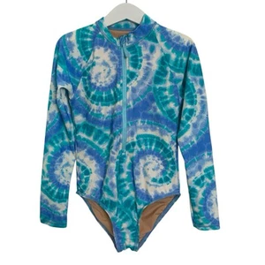 Crewcuts Girls Zip Up Rash Guard One Piece Swimsuit UPF 50 Girls 8 Tie Dye Blue - Picture 1 of 14