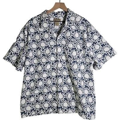 Scandia Woods Boho Sun Print Button Front Camp Shirt Men's 2X Blue White - Image 1 of 4
