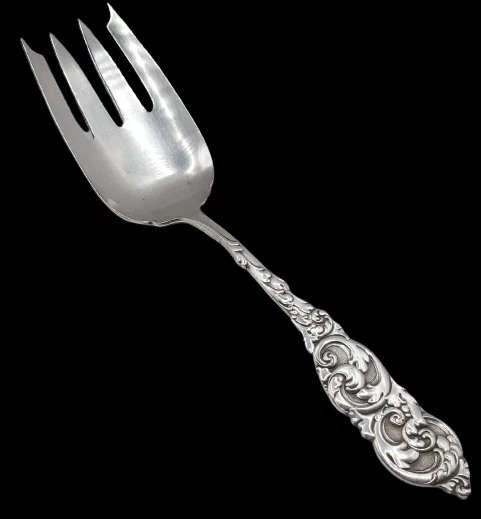 Antiguo tenedor para servir de plata esterlina Whiting Gladstone - mango festoneado con remolinos Foto 1 de 4