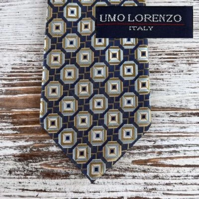 Corbata Umo Lorenzo azul dorado beige patrón tejido geométrico corbata de poliéster para hombre Foto 1 de 4
