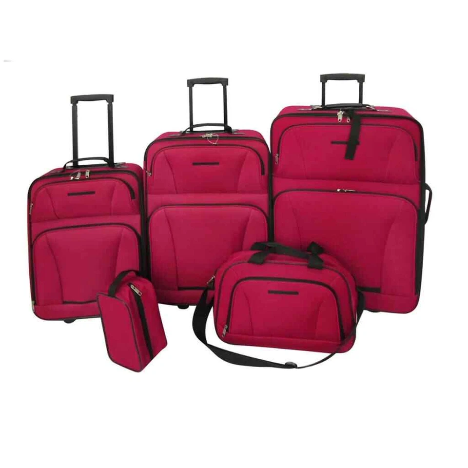 Set of 5 Luggage Trolley Travel Suitcase Cabin Shoulder Cosmetic Bag Red