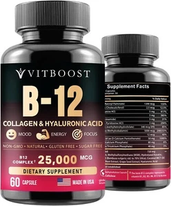 B12 w/ Hyaluronic Acid, Biotin, Collagen & Folate Complex Supplement 60 Capsules - Picture 1 of 10