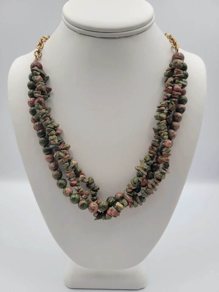 Unakite Stone Beads & Chips 3 strand Gold Tone Chain Necklace Natural Green Pink - Image 1 of 4