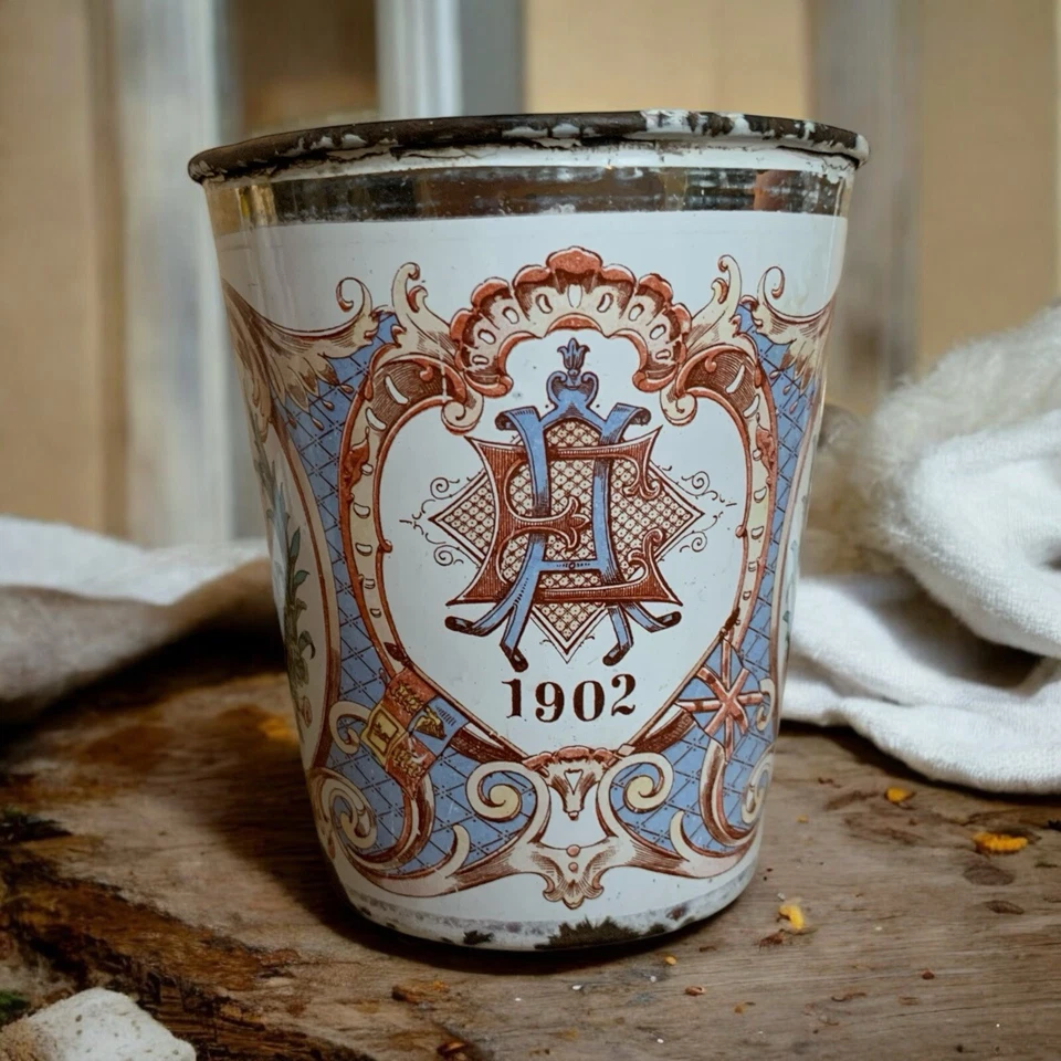 Rare Antique 1902 Cup Tumbler King Queen Jubilee Enamel Enamelware Rustic  - Image 1 of 4