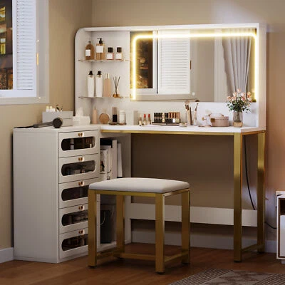 Vanity Desk Set L Shape Vanity Table 3 Lighting Modes w/5 Tempered Glass Drawers - Image 1 of 4
