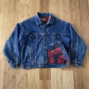 VTG 90s Levi’s Denim Trucker Jean Jacket Buffalo Plaid Lined Adult Large USA - Picture 1 of 13