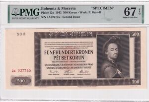 Bohemia & Moravia 500 Korun 1942 II Auflage specimen P12s PMG 67 EPQ Gem UNC
