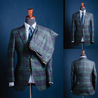 Checked Business Men Suits Regular Fit Formal Prom Double Breasted Peak Lapel - Image 1 of 4