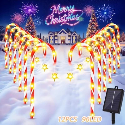 12 Pack Solar Christmas Candy Cane Lights Solar Pathway Lights Xmas Party Decor - Image 1 of 4