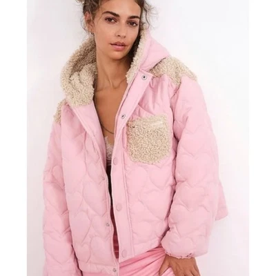 NWT For Love & Lemons Pink Ruffle Heart Puffer Sherpa Cropped Jacket Size XS - Image 1 of 4