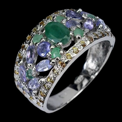 925 Sterling Silver Ring Oval Emerald 6x4mm Sapphire Tanzanite Gemstone Jewelry - Image 1 of 4