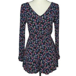 Lush Black Floral Romper Womens Sz S CrissCross Back Long Sleeve Shorts Casual - Bild 1 von 7