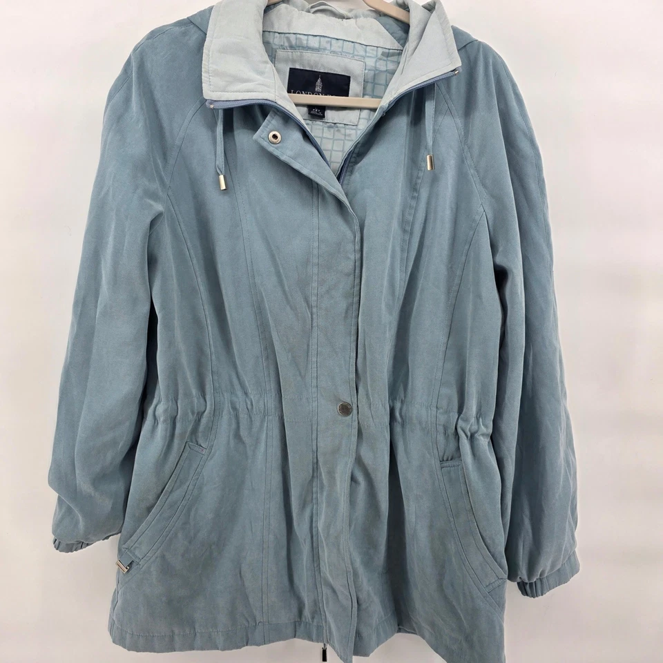 Chaqueta anorak con capucha London Fog para mujer azul claro bolsillos con cordón talla L Foto 1 de 4