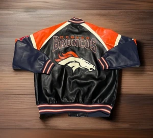 NFL Denver Broncos Faux Leather Jacket Varsity Bomber Full Zip Football Adult XL - Picture 1 of 16