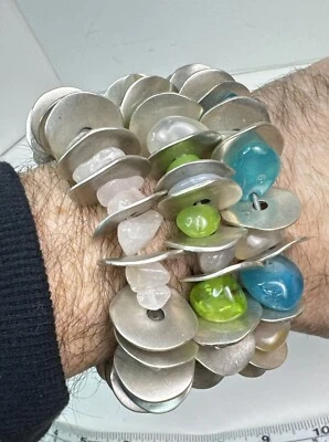 Artisan Stretch Metal Disc Bracelet Set of 3 Quartz Glass Modernist Heavy Fab! - Image 1 of 4