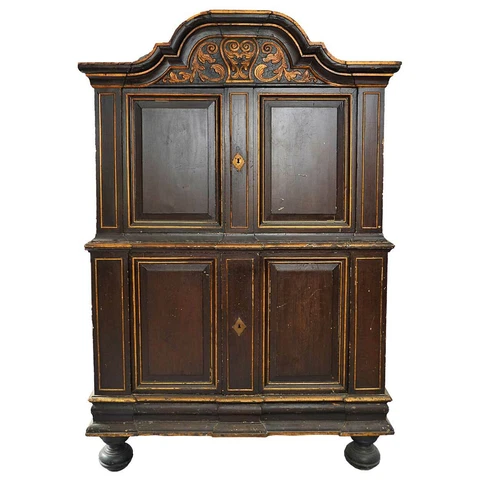 Antique Scandinavian Baroque Painted & Gilt Pine Two-Part Cabinet 18th century Cover