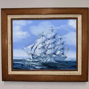 Vtg K Maskell Signed Clipper Ship Oil Painting Seascape Wood Framed 8x10” - Picture 1 of 9