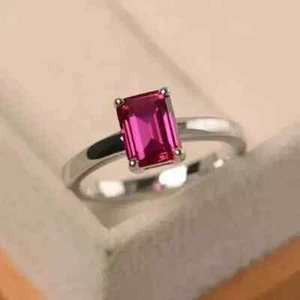 Lab-Created Ruby 2.00Ct Emerald Cut Solitaire Ring 14K White Gold Plated Silver - Picture 1 of 7