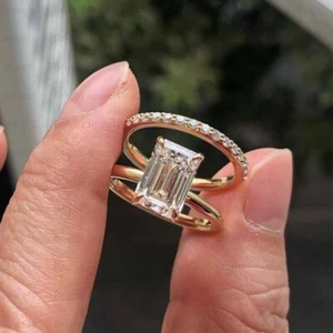 Emerald Cut Moissanite Wedding Ring Bridal Matching Band 14k Yellow Gold Plated - Picture 1 of 7